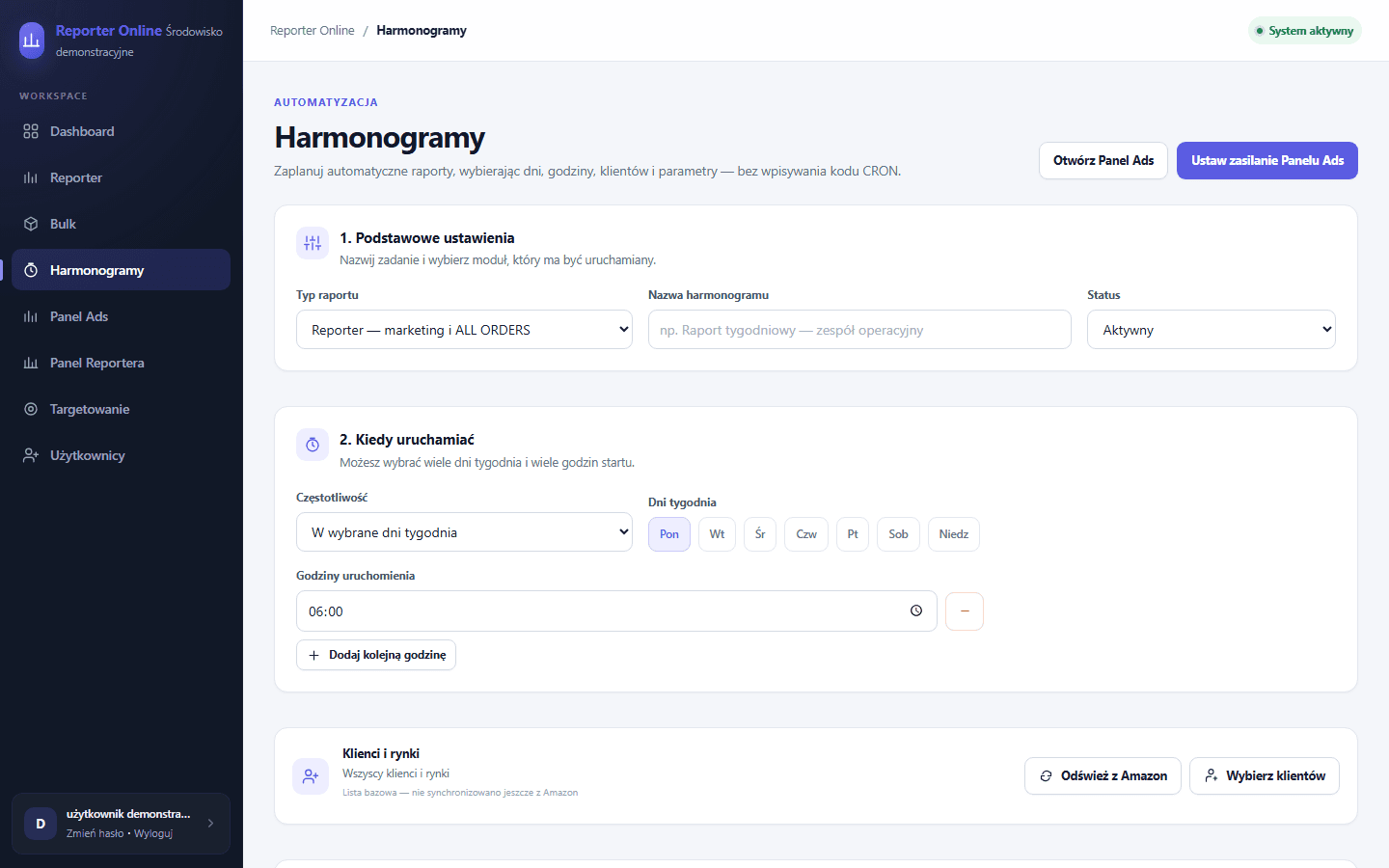 Kreator harmonogramu — dni, godziny i parametry bez ręcznego wpisywania CRON